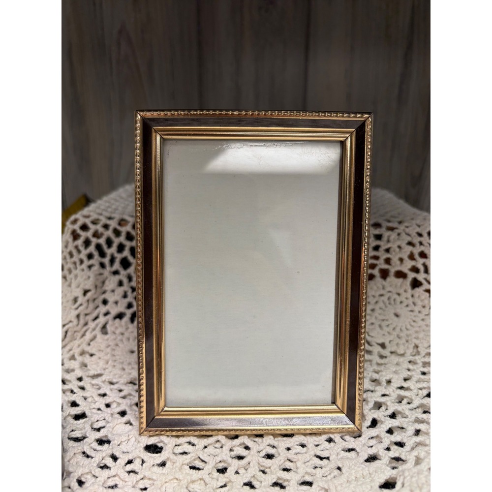 Vintage Gold Tone Beaded Metal Picture Frame Brown Enamel Tabletop